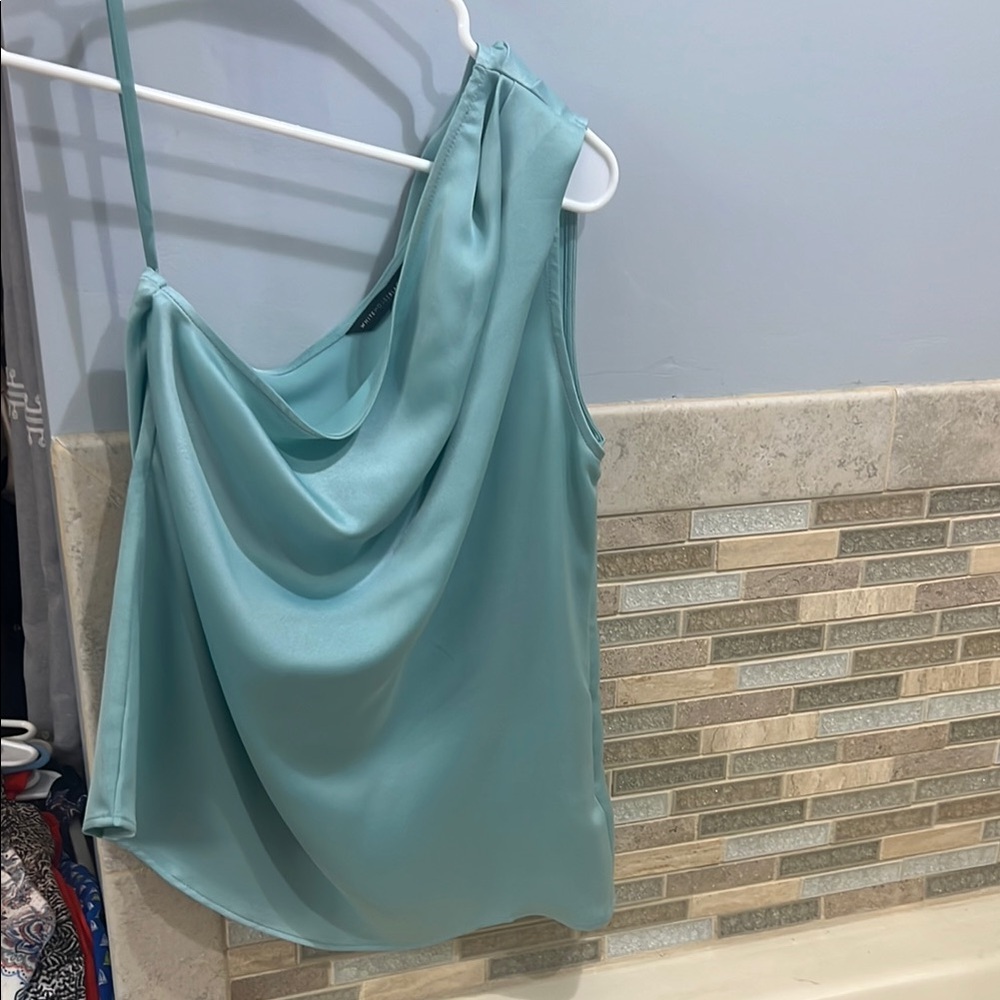 White House Black Market Teal One Shoulder Draped Top